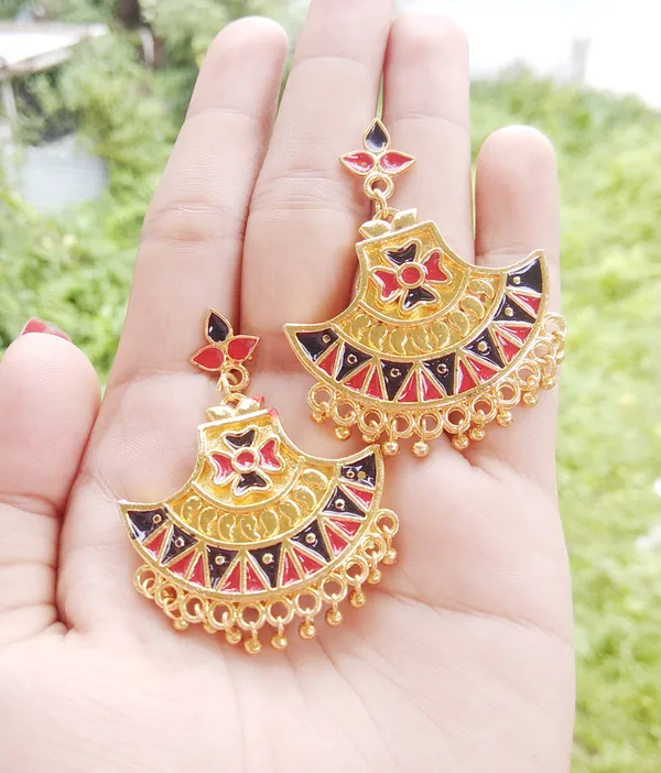 Assamese_Traditional_Copper_Gold_Plated_Red_Black_Colour_Jhumki_Earring_For_Girls_&_Women